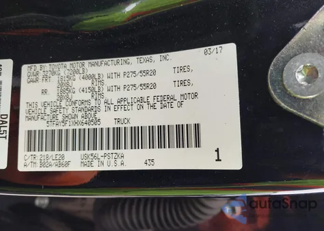 2017 Toyota Tundra Platinum 5.7L V8 z USA, uszkodzony, nr VIN 5TFAY5F1XHX640505